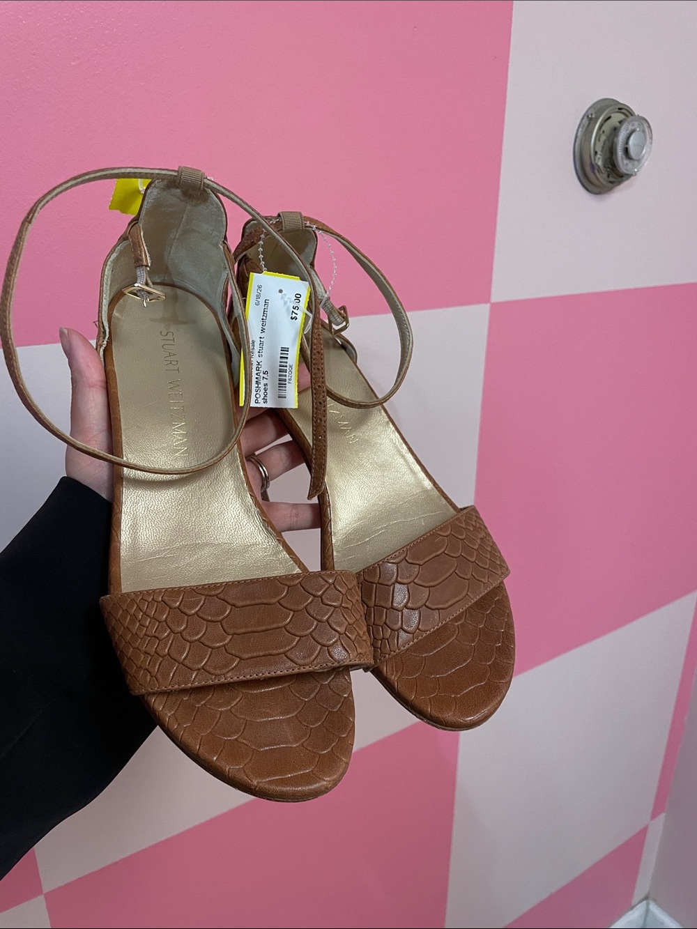 Stuart Weitzman Cognac Brown Reptile-Embossed Ankle-Strap Sandals